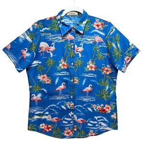 SSLR Womens Flamingo Hawaiian Camp Shirt Size M Tropical Print Blue Short Sleeve